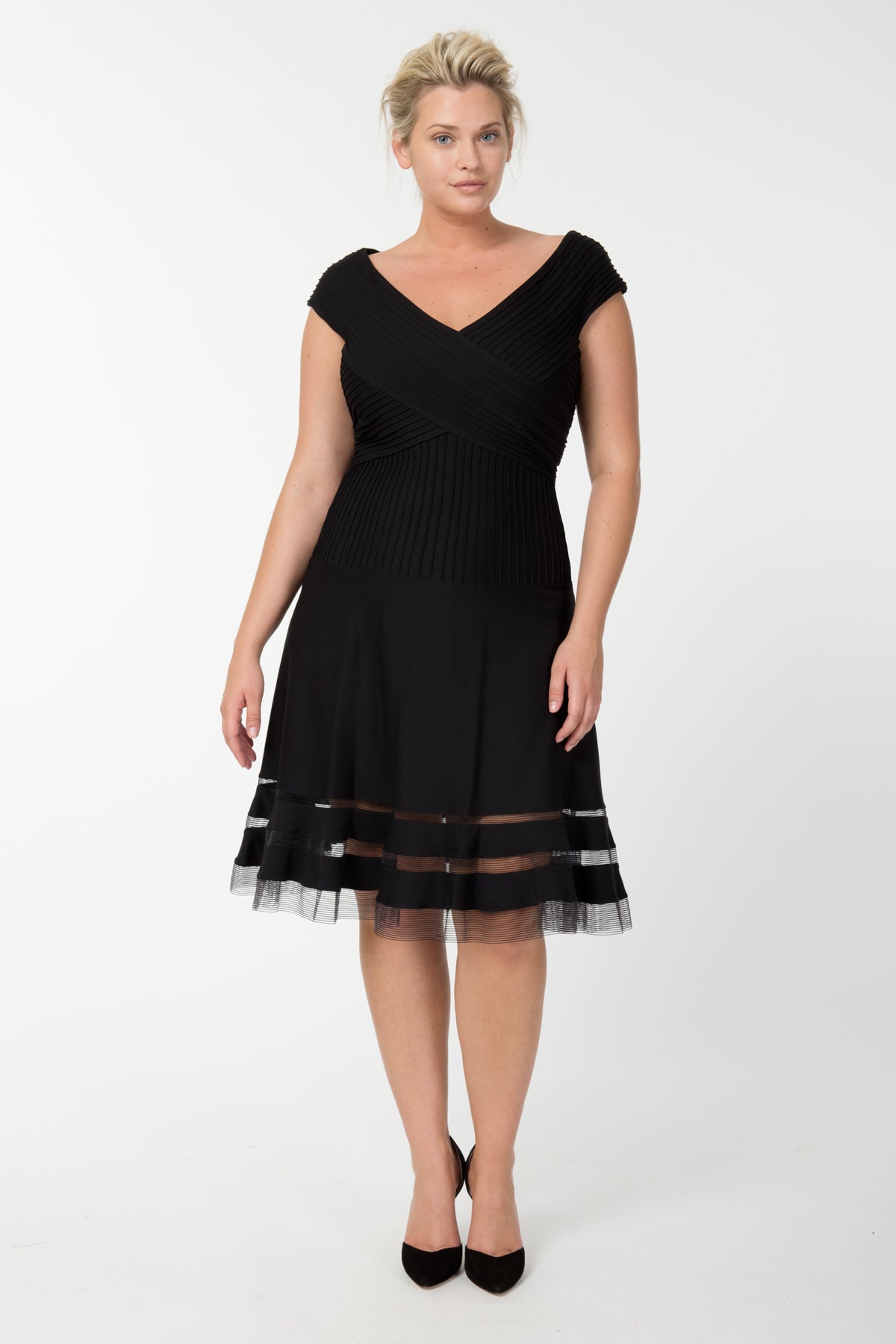 Pintuck Jersey Portrait Cocktail Dress in Black