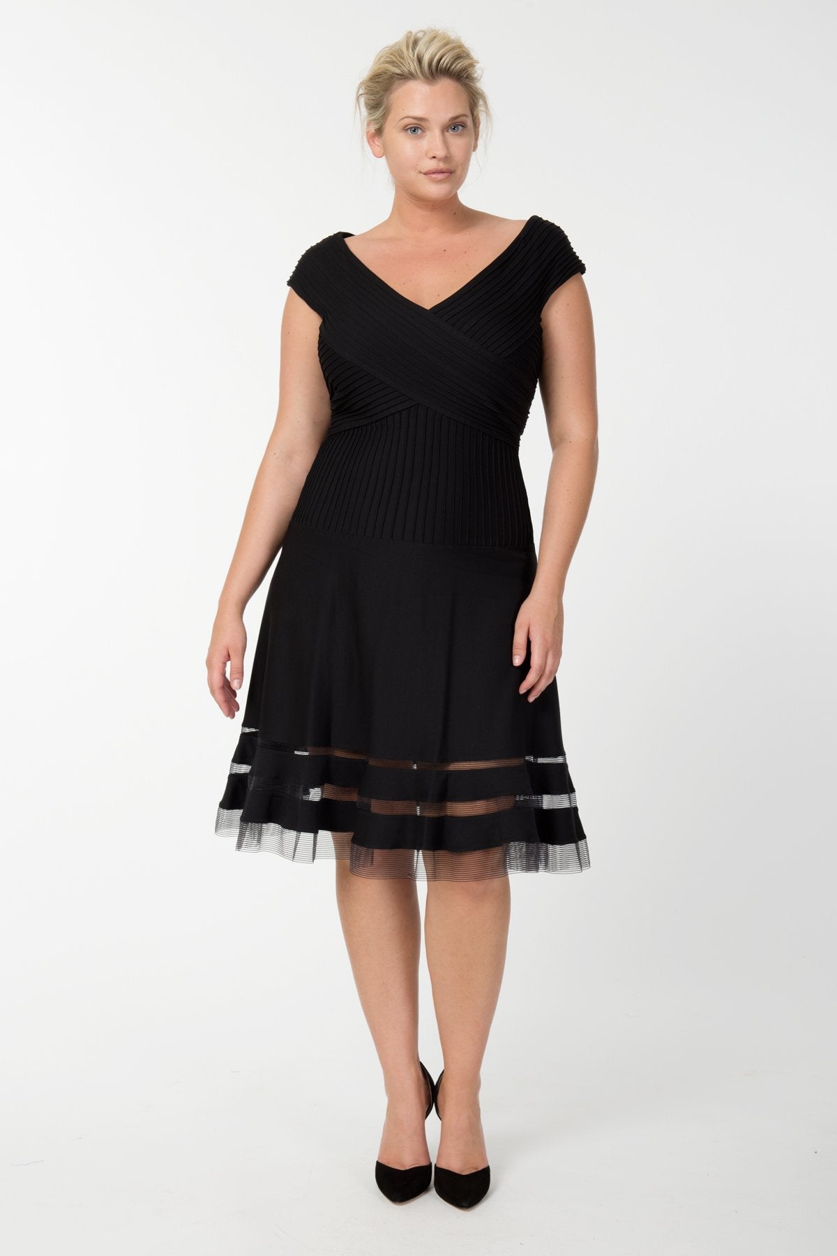 Pintuck Jersey Portrait Cocktail Dress in Black