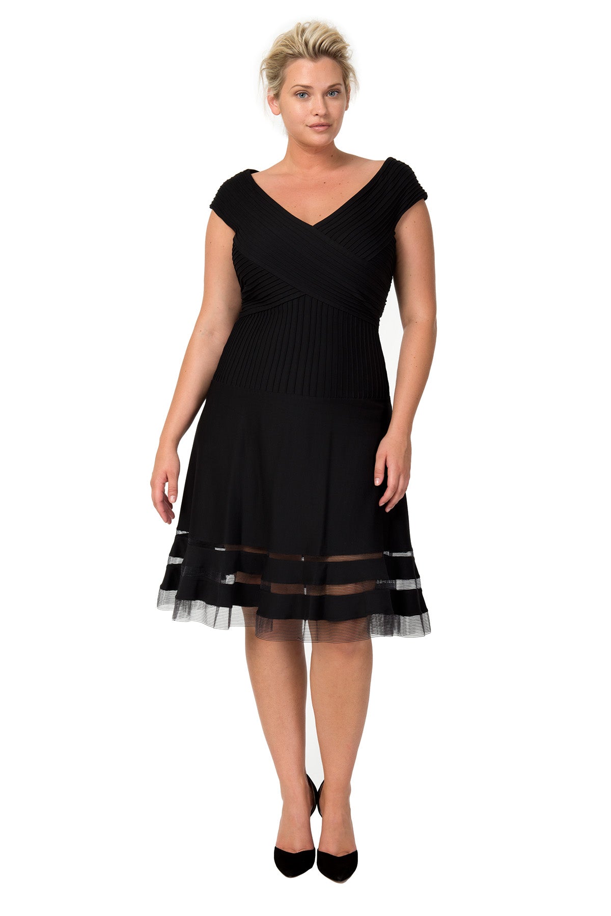 Pintuck Jersey Portrait Cocktail Dress in Black
