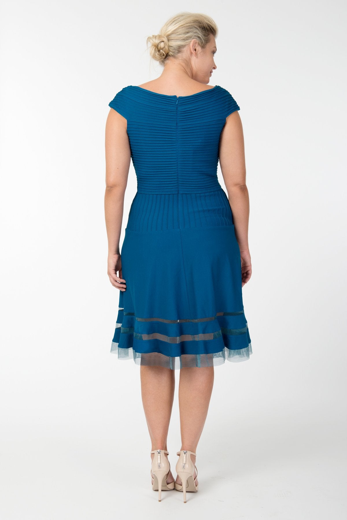 Pintuck Jersey Portrait Cocktail Dress in Nightfall