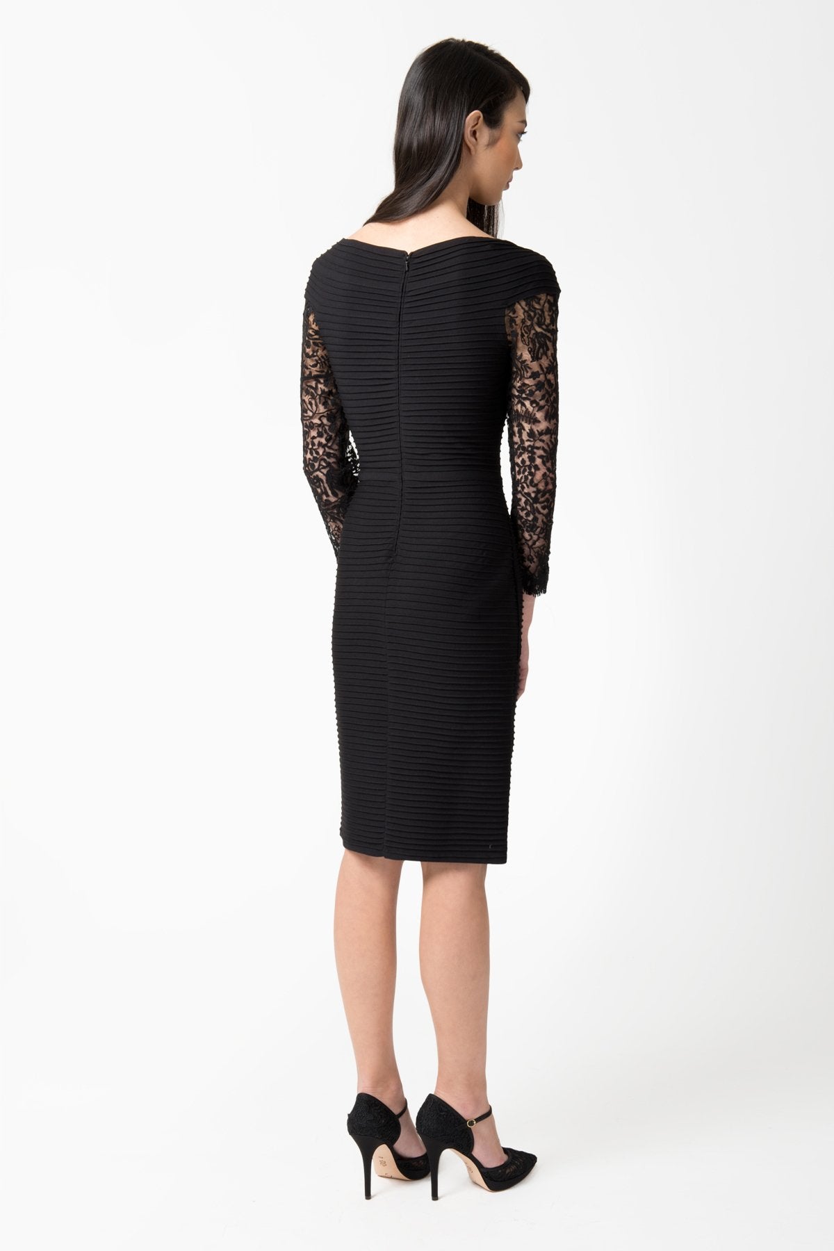 Pintuck Jersey V-Neck Dress in Black