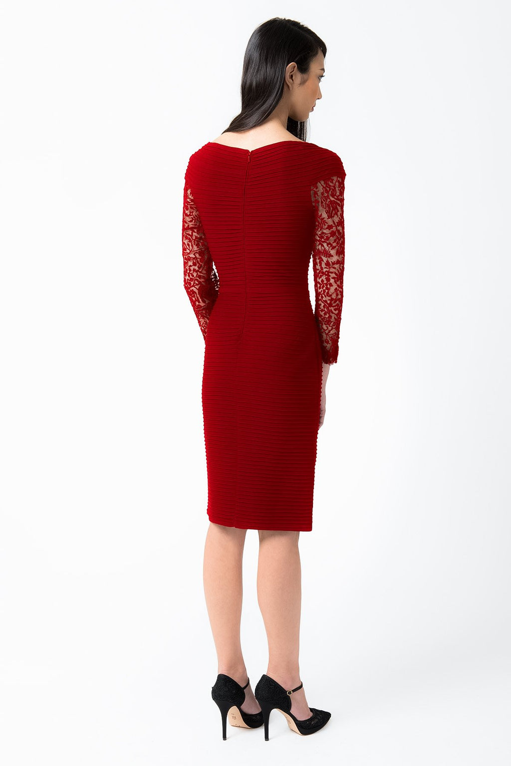 Pintuck Jersey V-Neck Dress in Deep Red