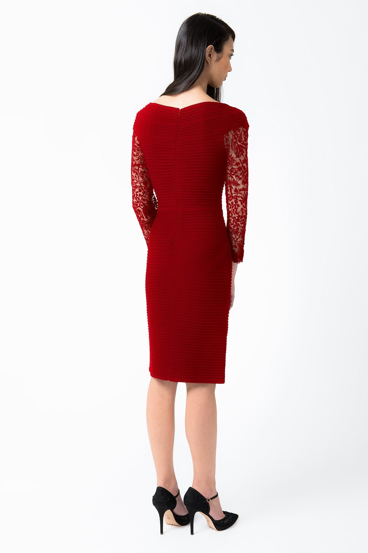 Pintuck Jersey V-Neck Dress in Deep Red