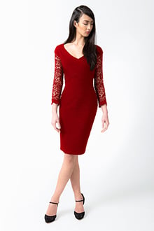 Pintuck Jersey V-Neck Dress in Deep Red
