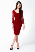 Pintuck Jersey V-Neck Dress in Deep Red