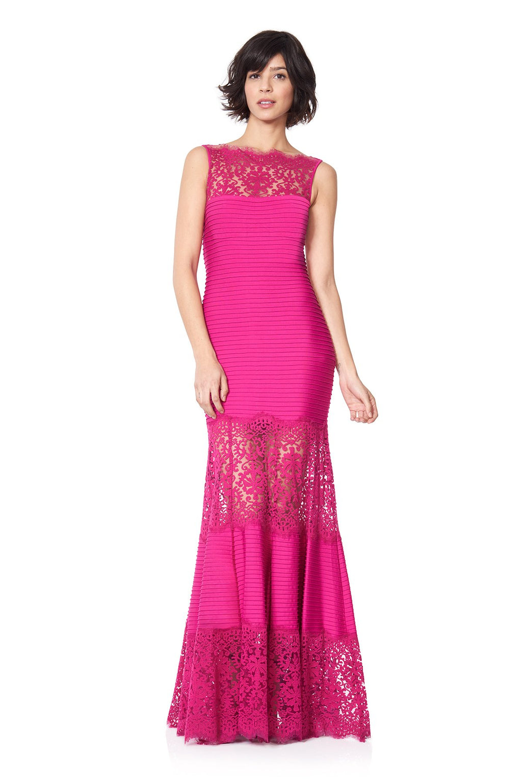 Tadashi Shoji - Pintuck Jersey Boatneck Gown