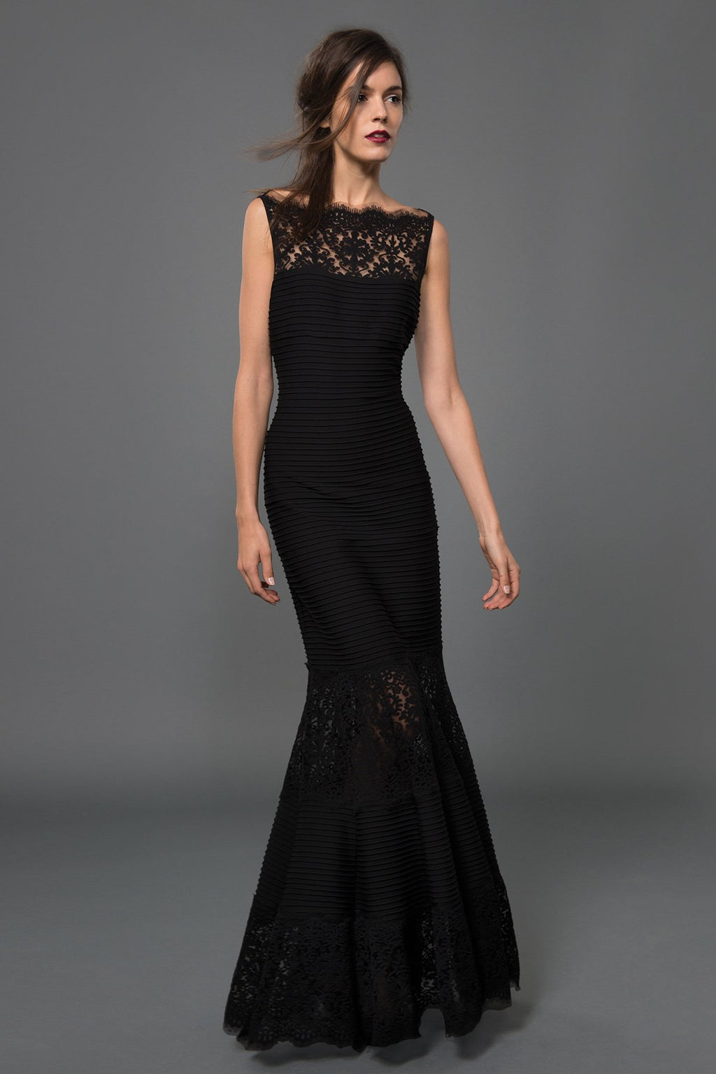 Pintuck Jersey Boatneck Gown in Black