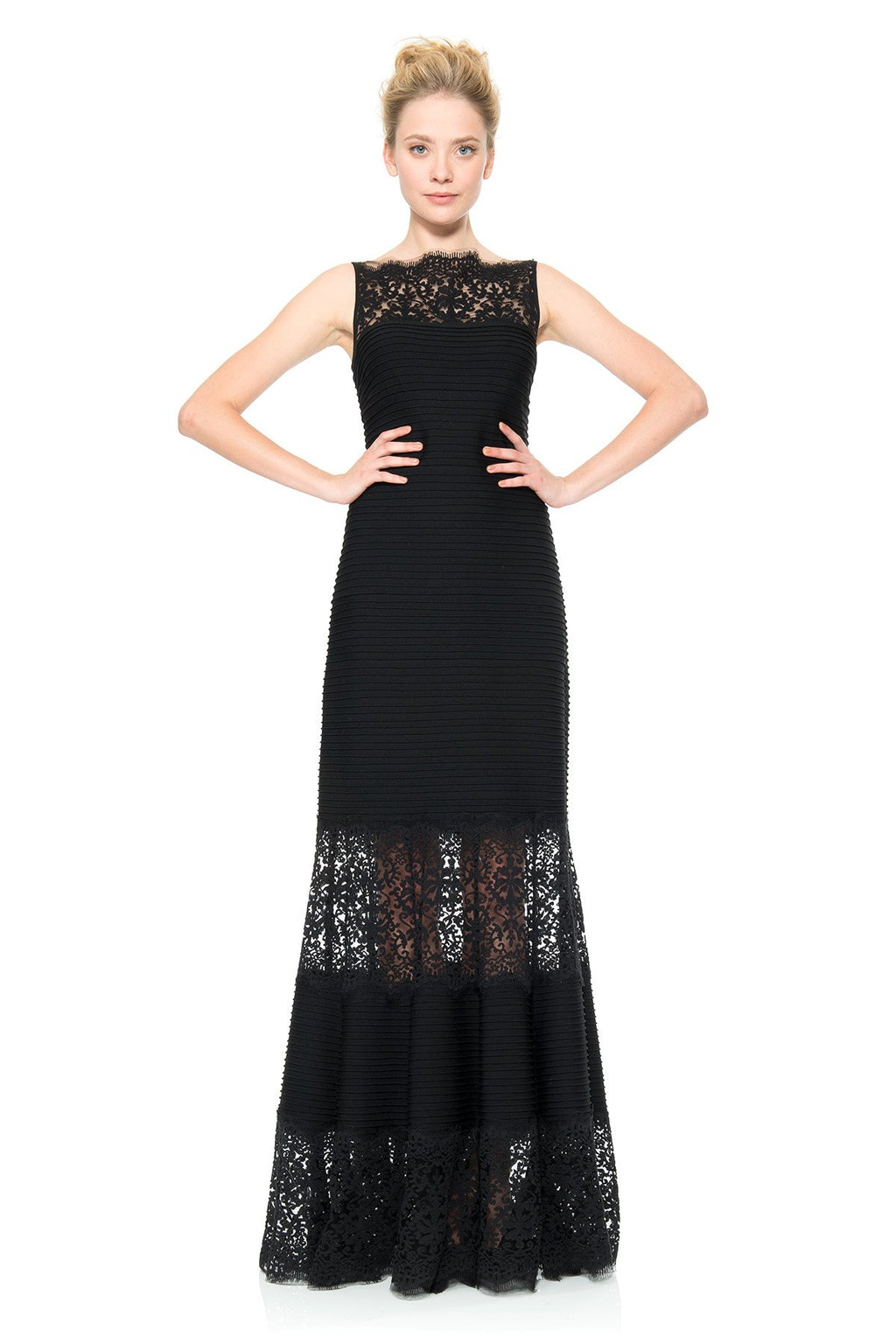 Pintuck Jersey Boatneck Gown in Black