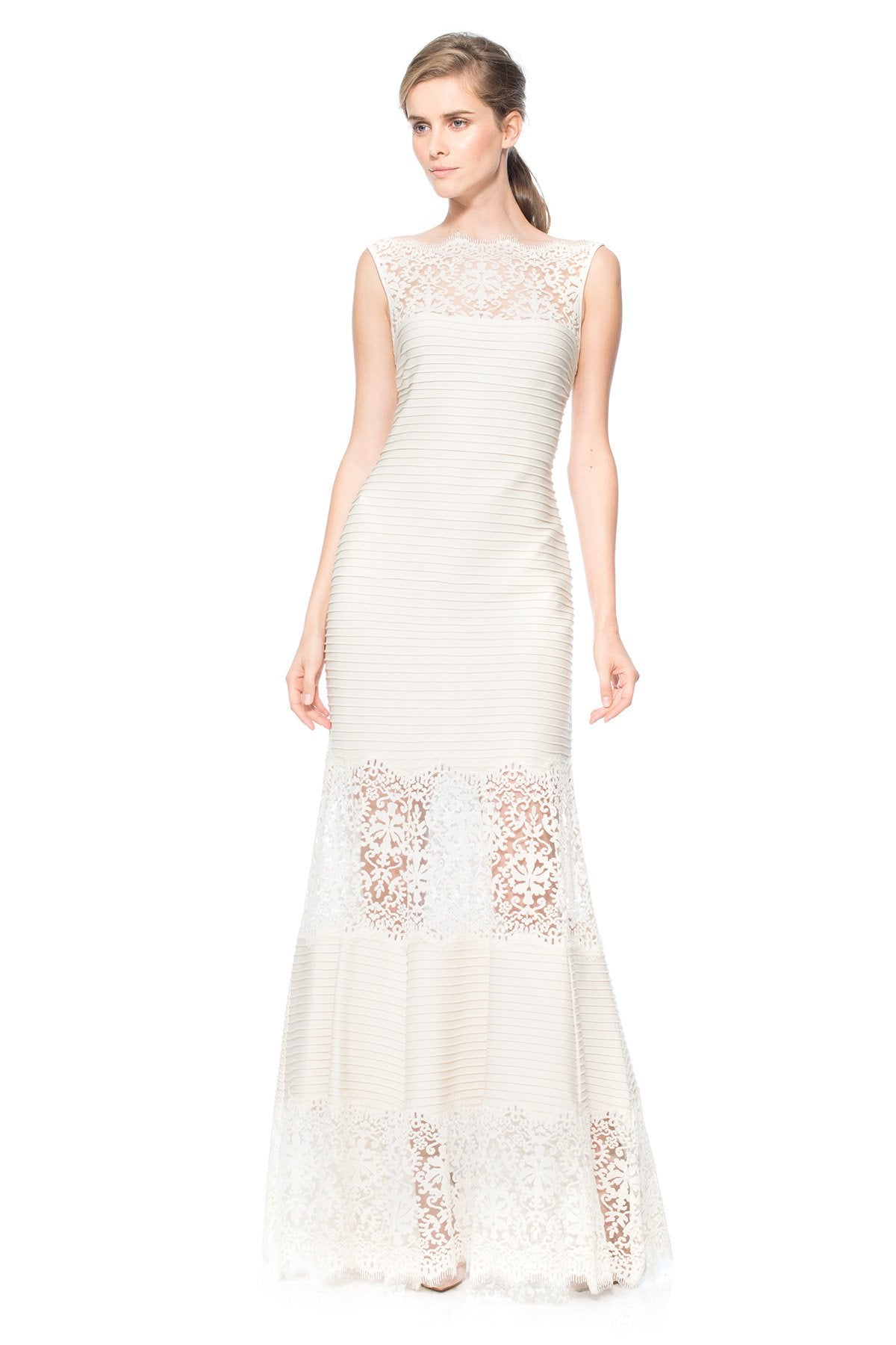 Tadashi Shoji - Pintuck Jersey Boatneck Gown