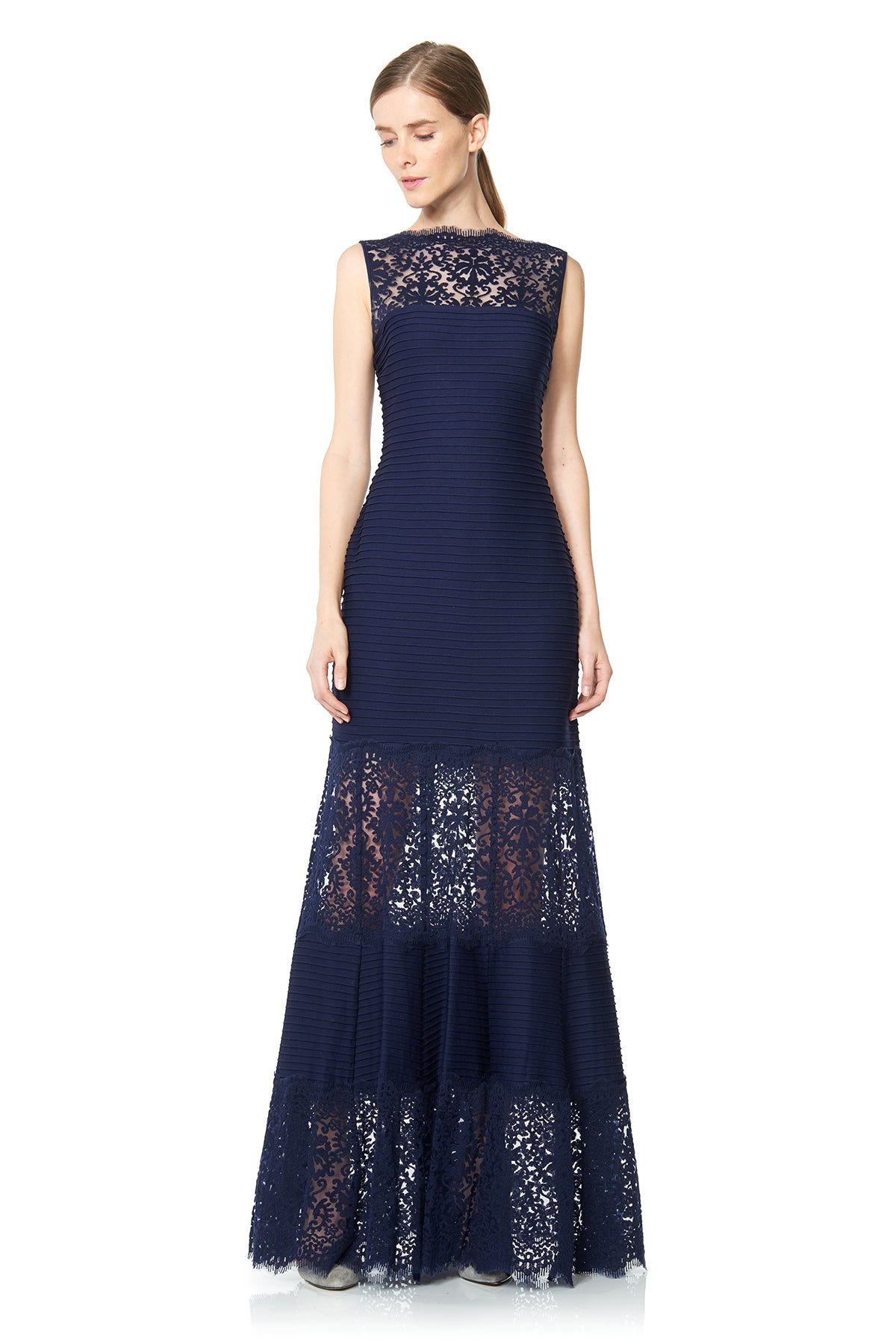 Tadashi Shoji - Pintuck Jersey Boatneck Gown
