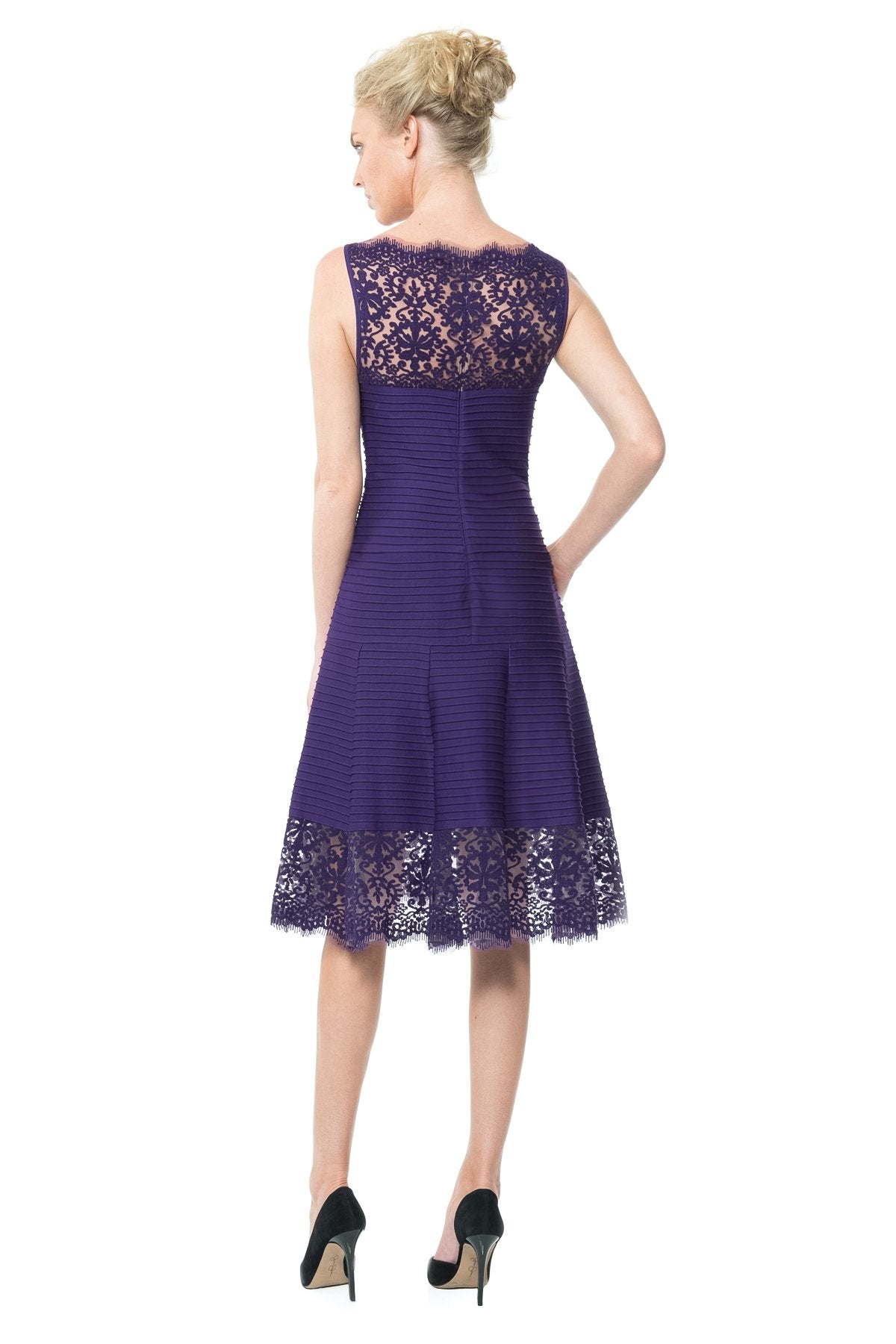 Pintuck Jersey Boatneck Dress with Sheer Lace Detail in Amethyst