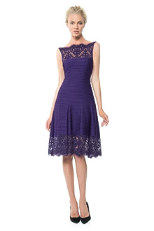 Pintuck Jersey Boatneck Dress with Sheer Lace Detail in Amethyst