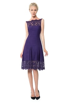 Pintuck Jersey Boatneck Dress with Sheer Lace Detail in Amethyst