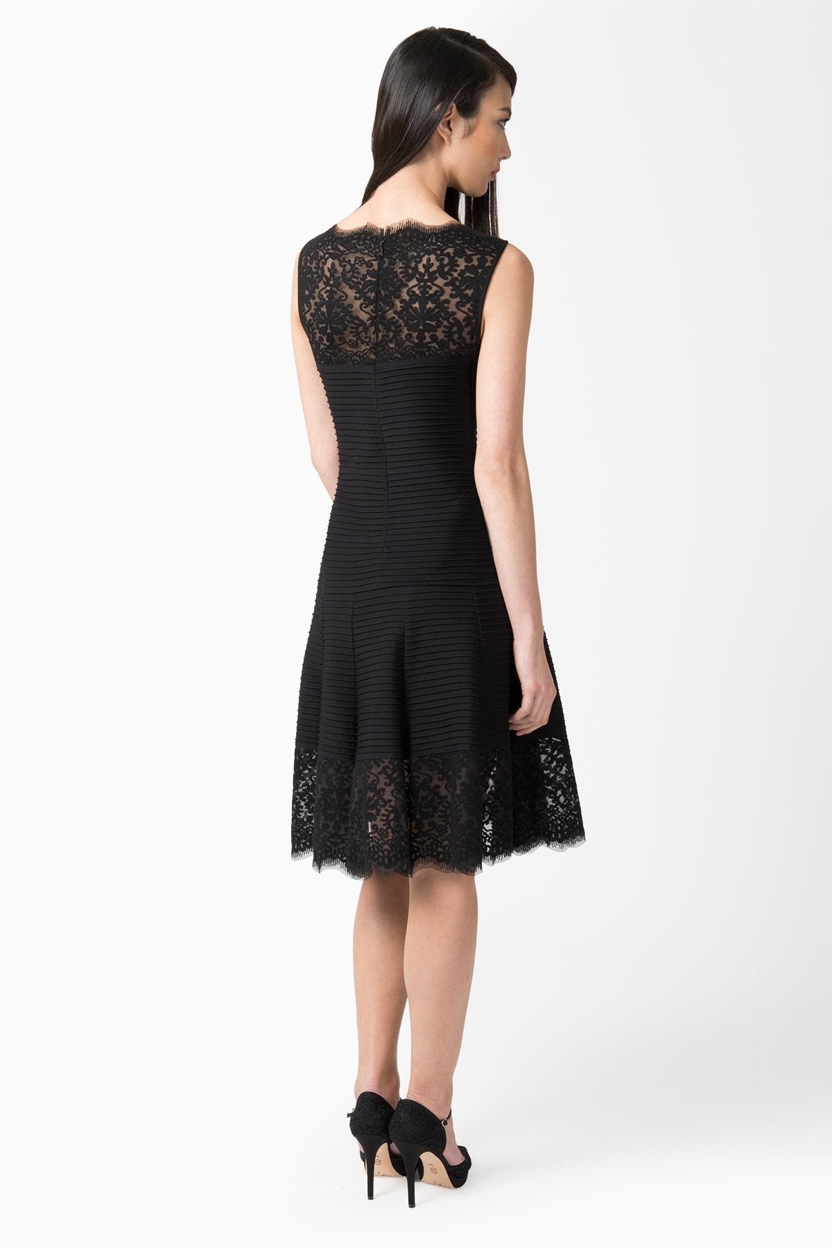 Pintuck Jersey Boatneck Dress with Sheer Lace Detail in Black