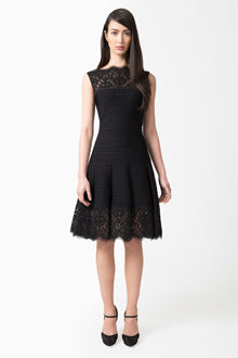 Pintuck Jersey Boatneck Dress with Sheer Lace Detail in Black