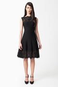 Pintuck Jersey Boatneck Dress with Sheer Lace Detail in Black