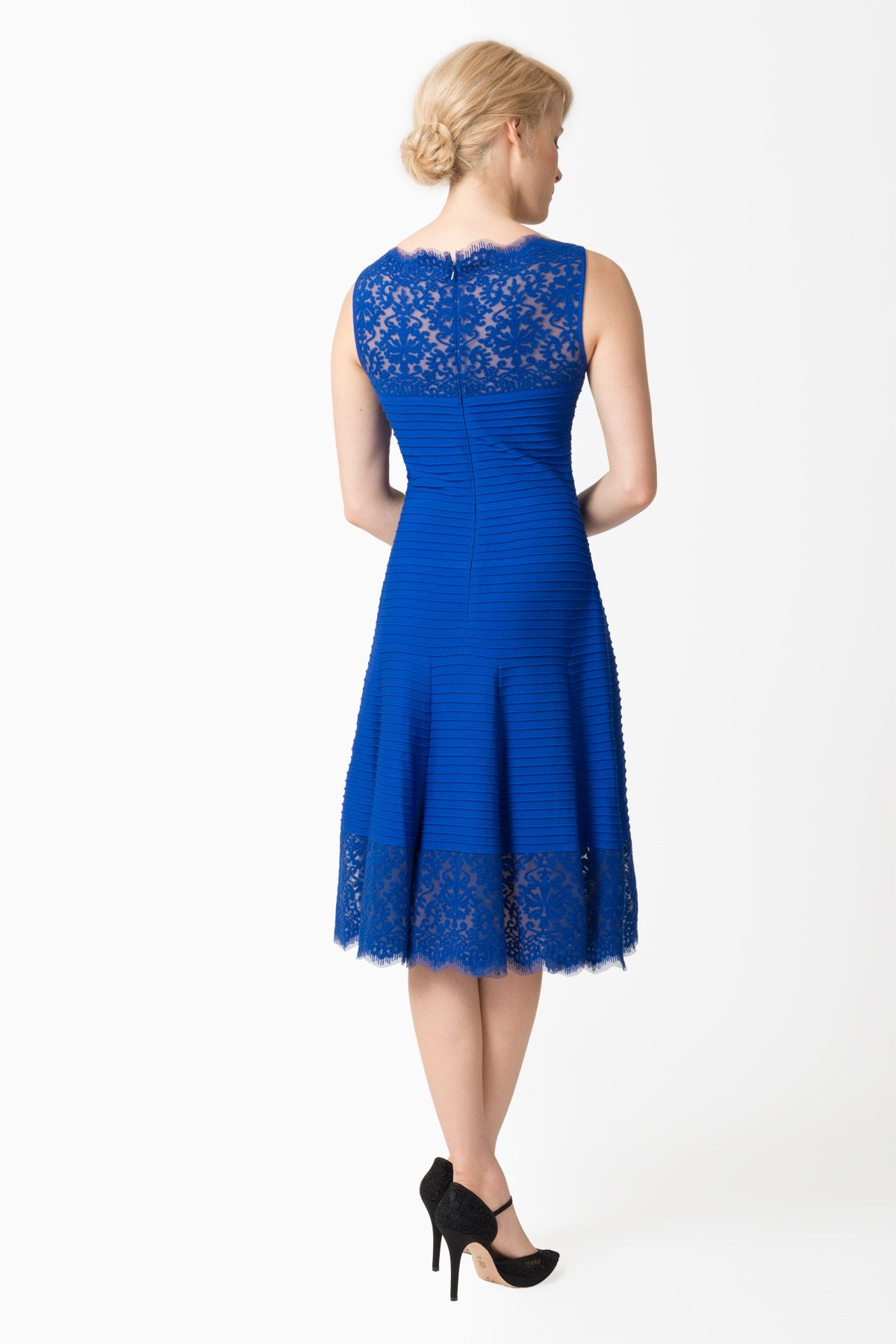 Pintuck Jersey Boatneck Dress with Sheer Lace Detail in Marina
