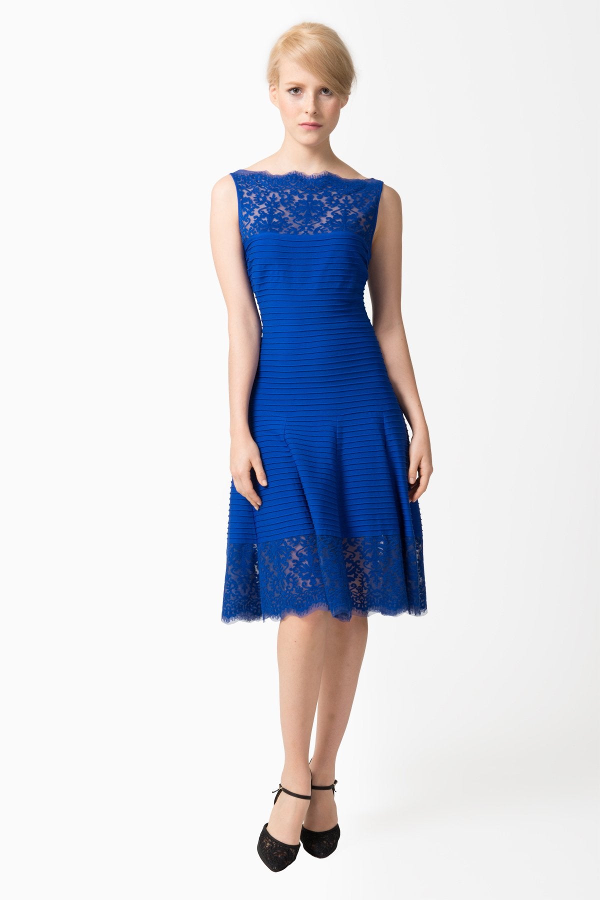 Pintuck Jersey Boatneck Dress with Sheer Lace Detail in Marina