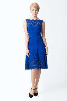 Pintuck Jersey Boatneck Dress with Sheer Lace Detail in Marina