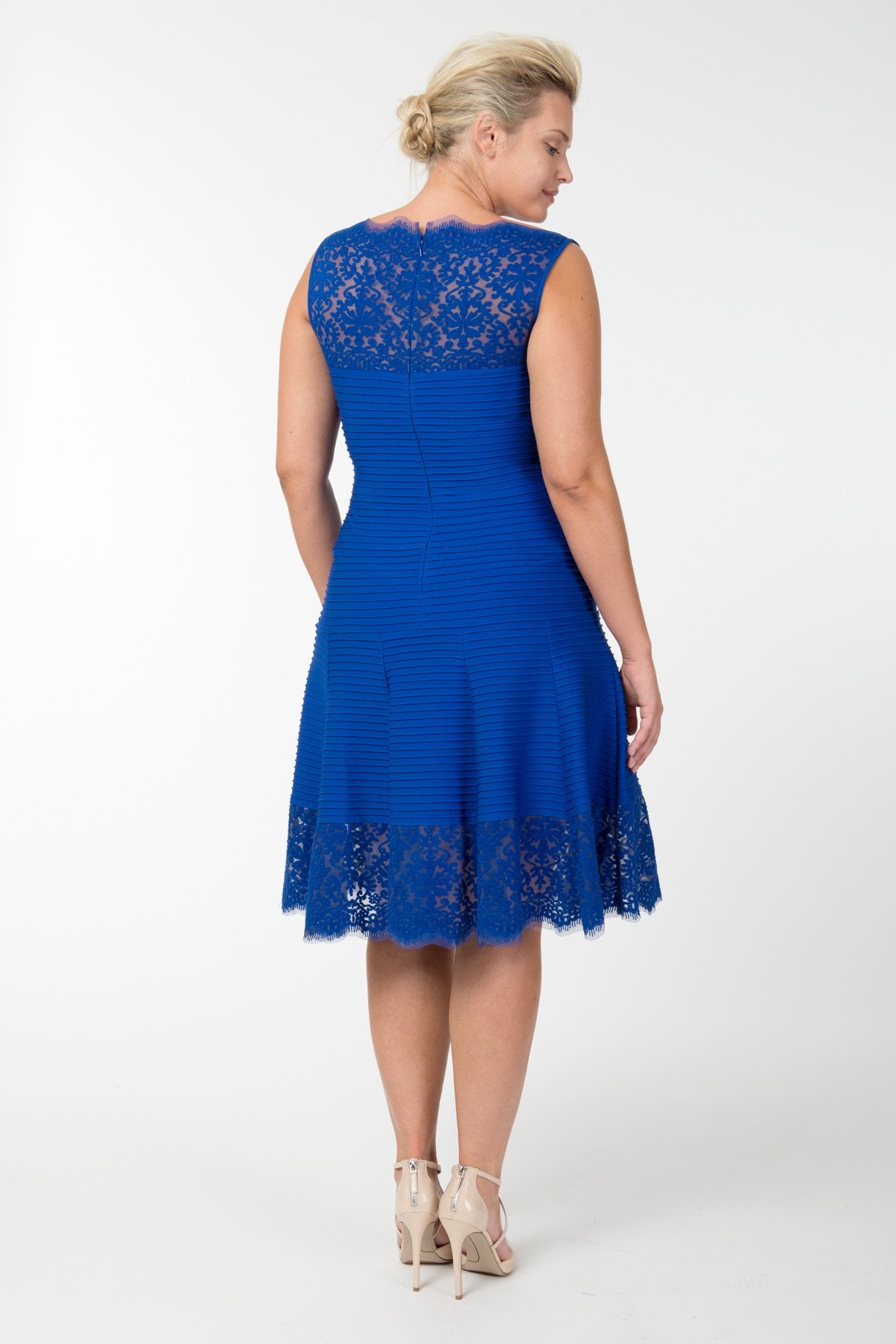 Pintuck Jersey Boatneck Dress with Sheer Lace Detail in Marina