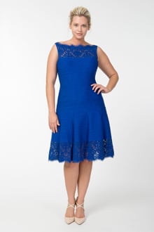 Pintuck Jersey Boatneck Dress with Sheer Lace Detail in Marina