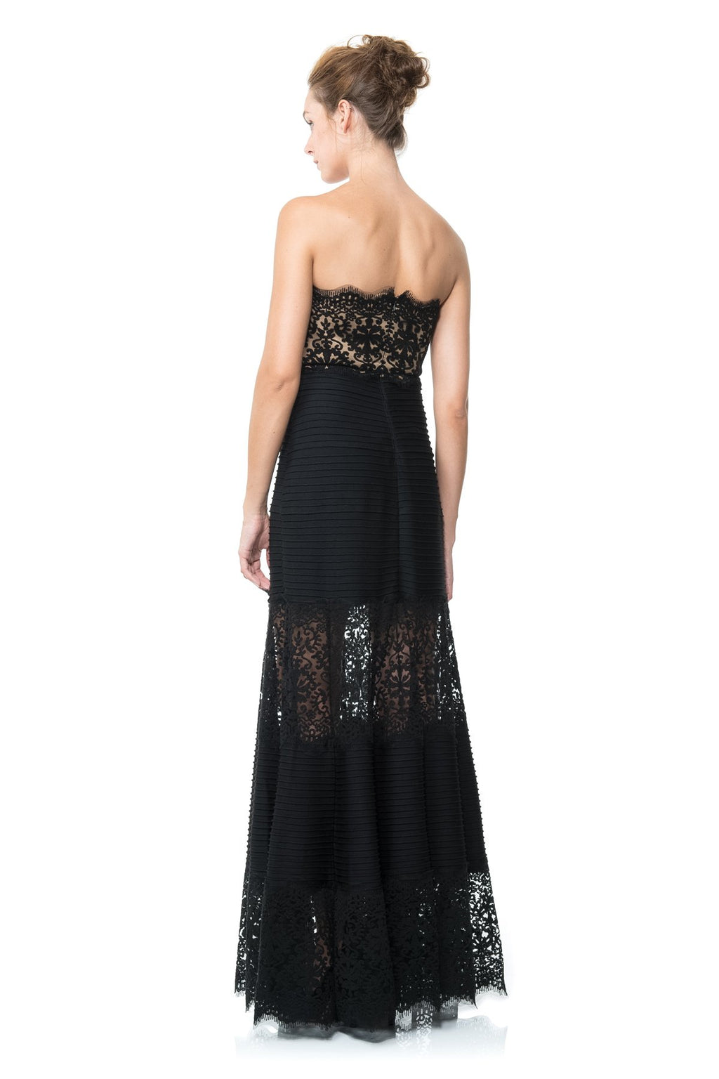 Pintuck Jersey and Lace Strapless Gown with Sheer Lace Detail in Black