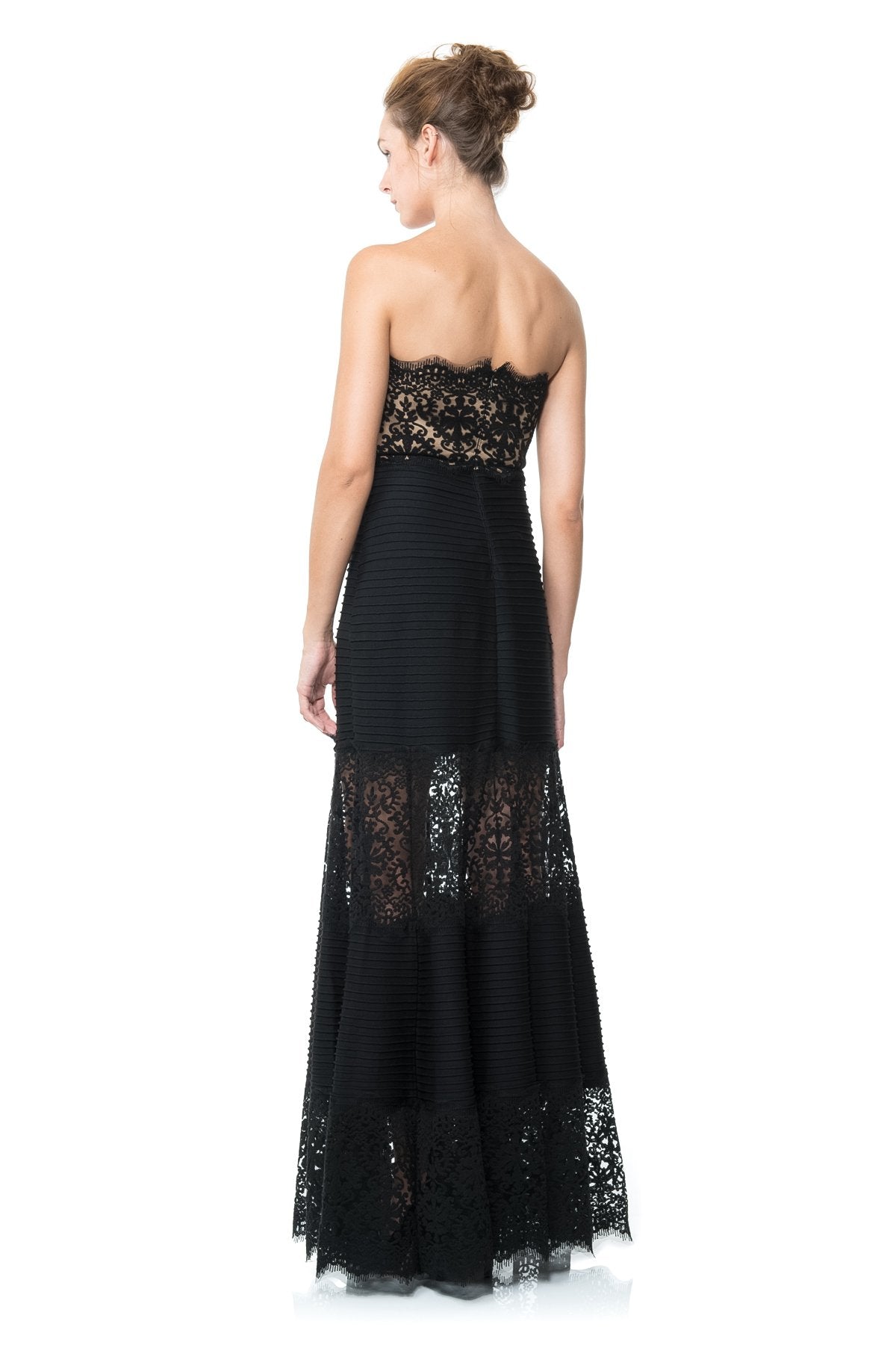 Pintuck Jersey and Lace Strapless Gown with Sheer Lace Detail in Black