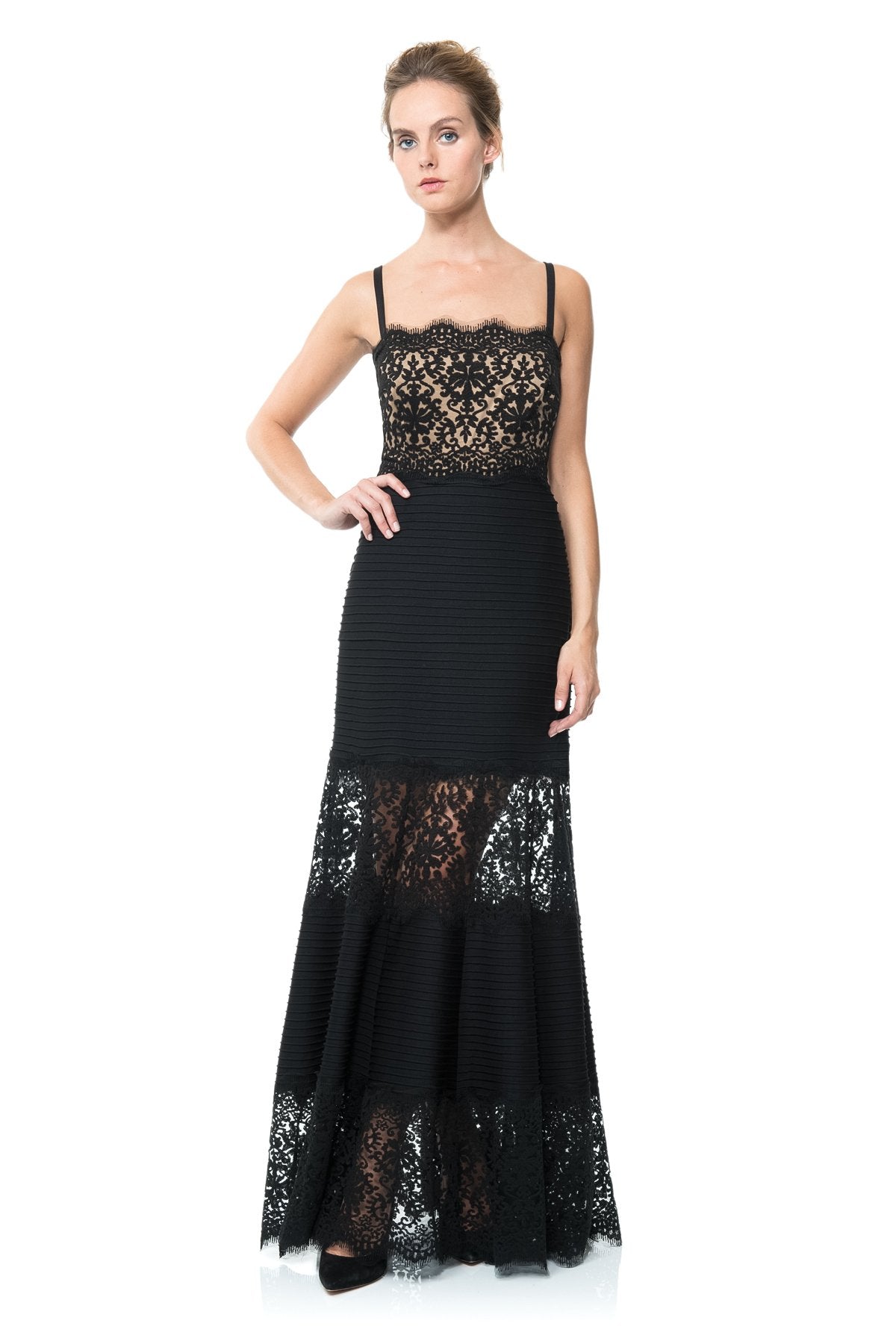 Pintuck Jersey and Lace Strapless Gown with Sheer Lace Detail in Black