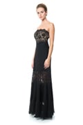 Pintuck Jersey and Lace Strapless Gown with Sheer Lace Detail in Black