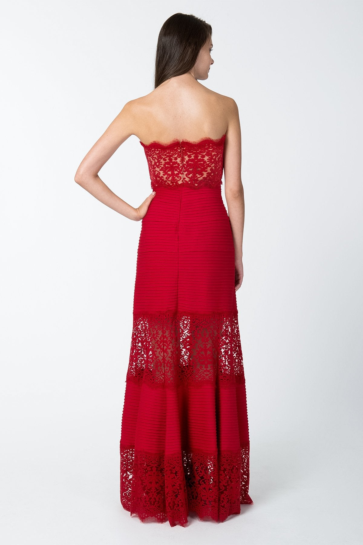 Pintuck Jersey and Lace Strapless Gown with Sheer Lace Detail in Deep Red
