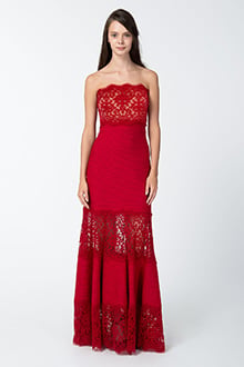 Pintuck Jersey and Lace Strapless Gown with Sheer Lace Detail in Deep Red