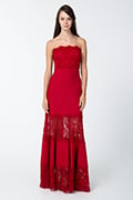 Pintuck Jersey Boatneck Dress with Sheer Lace Detail in Deep Red
