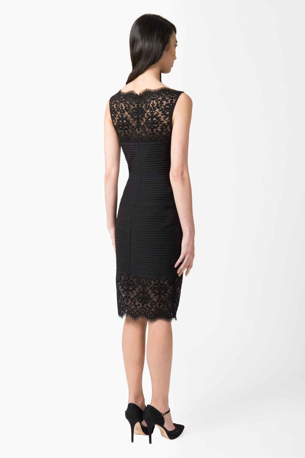 Pintuck Jersey Boatneck Dress with Sheer Lace Detail in Black