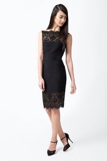 Pintuck Jersey Boatneck Dress with Sheer Lace Detail in Black
