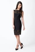 Pintuck Jersey Boatneck Dress with Sheer Lace Detail in Black