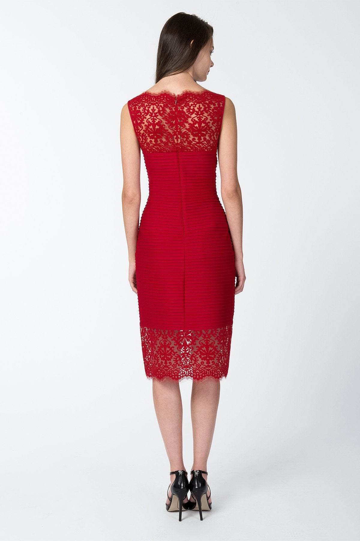 Pintuck Jersey Boatneck Dress with Sheer Lace Detail in Deep Red