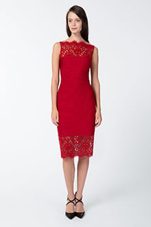 Pintuck Jersey Boatneck Dress with Sheer Lace Detail in Deep Red