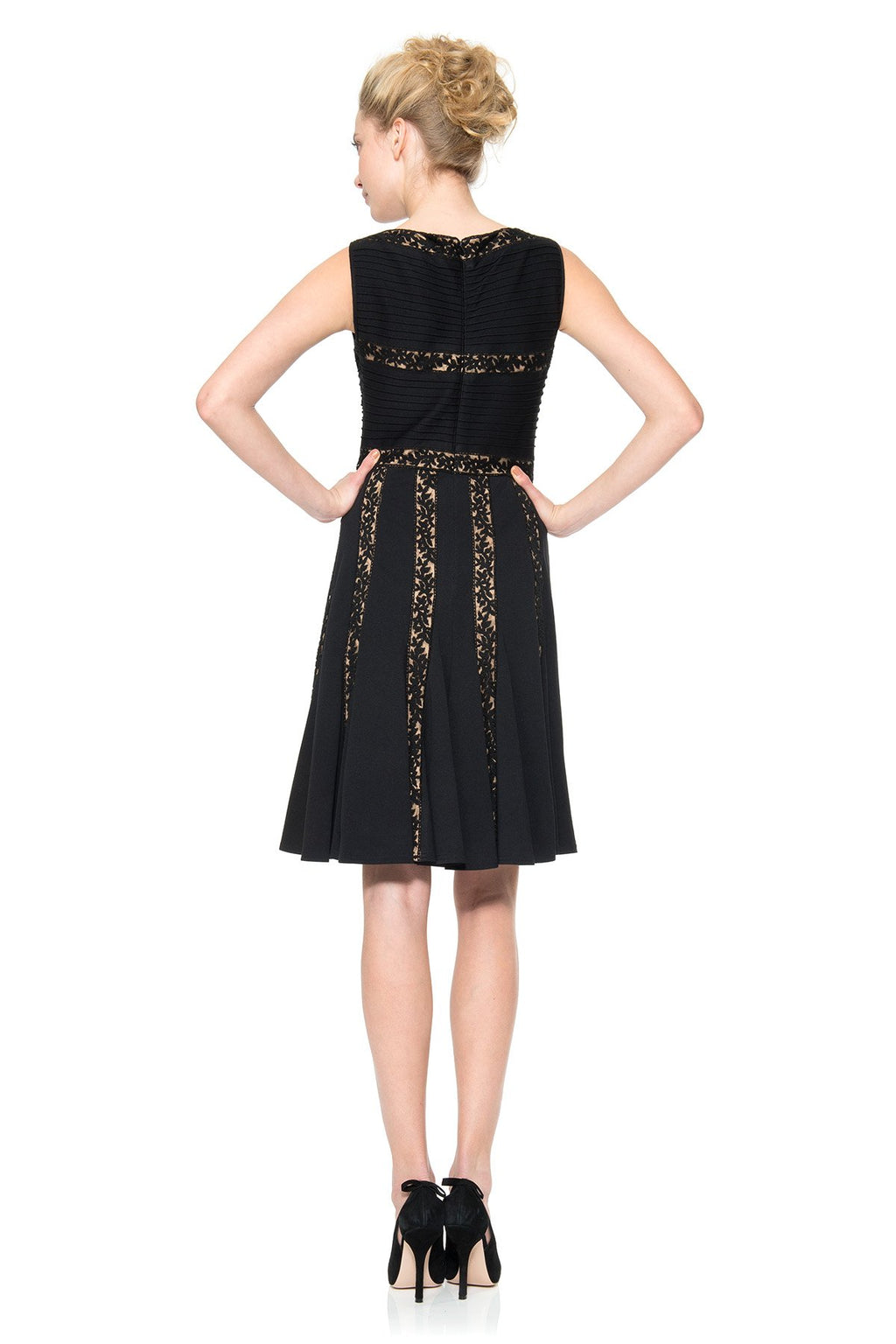 Pintuck Jersey and Lace Dress in Black / Nude