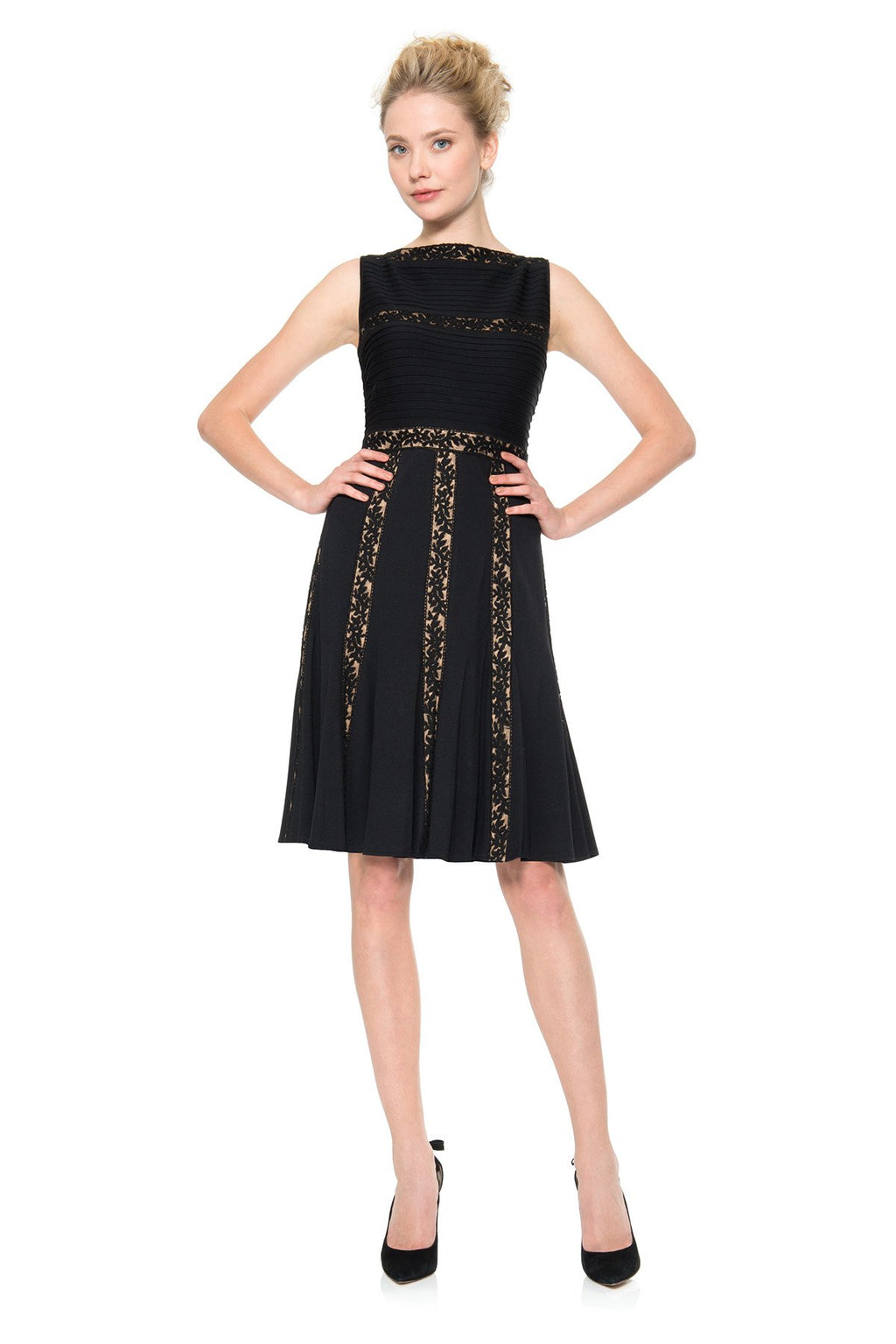 Pintuck Jersey and Lace Dress in Black / Nude