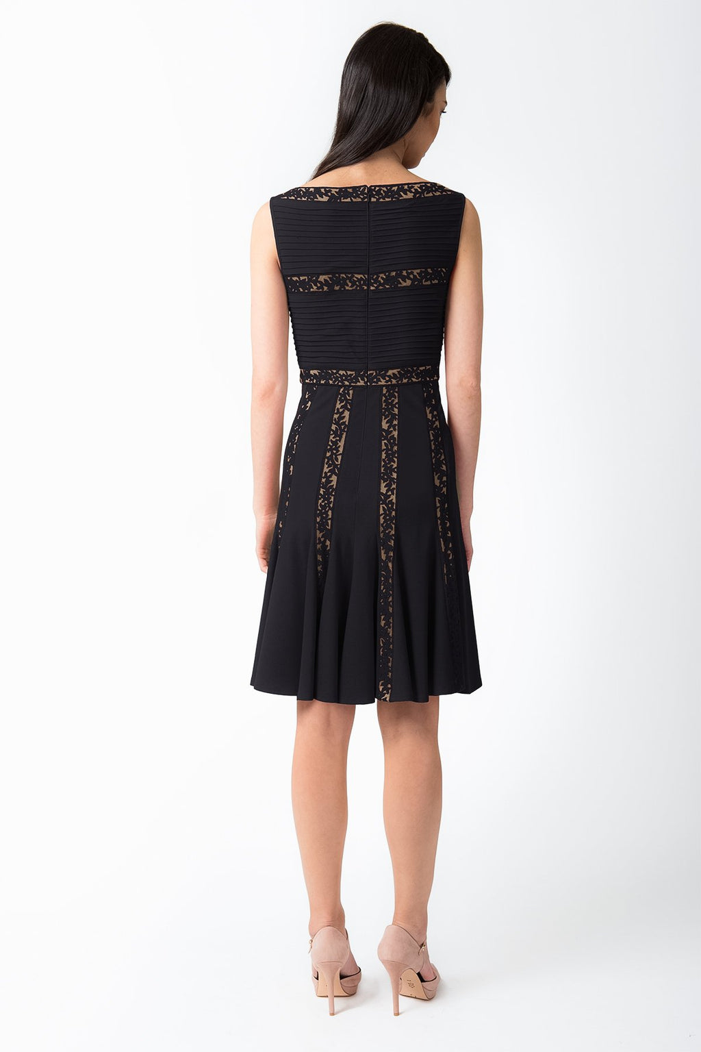 Pintuck Jersey and Lace Dress in Black / Nude