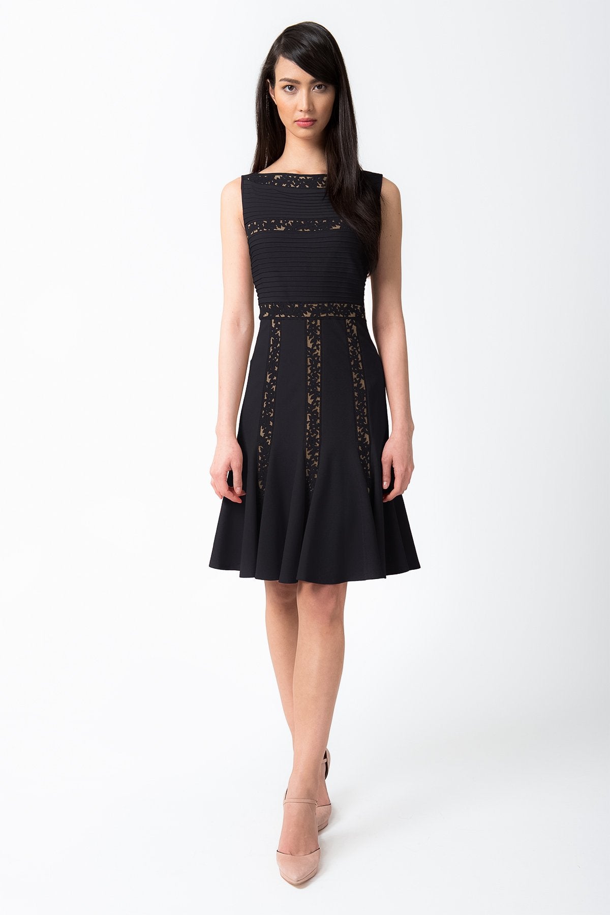 Pintuck Jersey and Lace Dress in Black / Nude