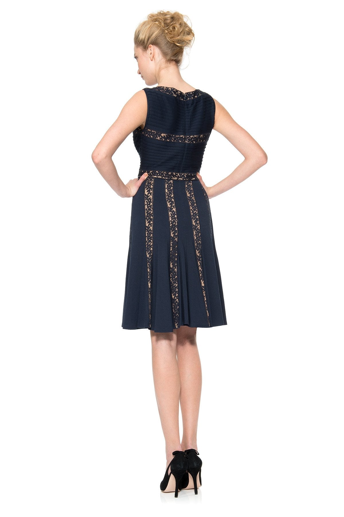 Pintuck Jersey and Lace Dress in Navy / Nude