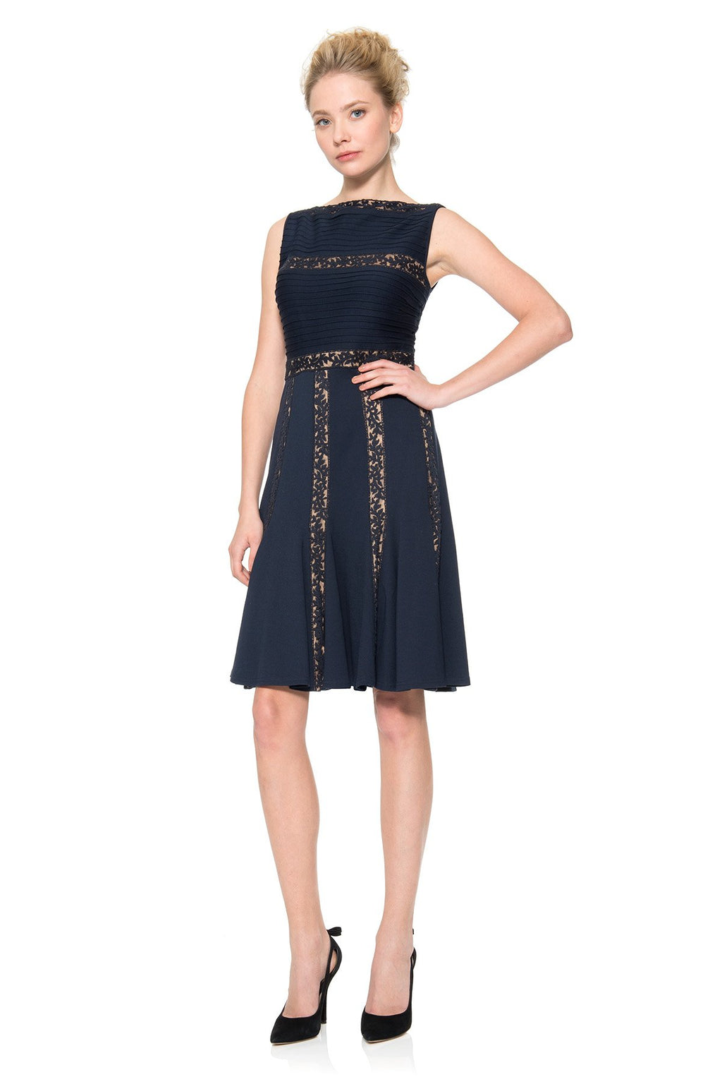Pintuck Jersey and Lace Dress in Navy / Nude