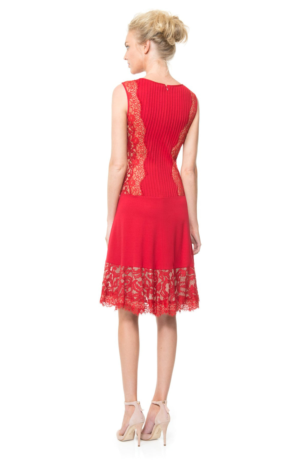 Pintuck Jersey Lace Panel Dress with Sheer Lace Detail in Deep Red / Nude
