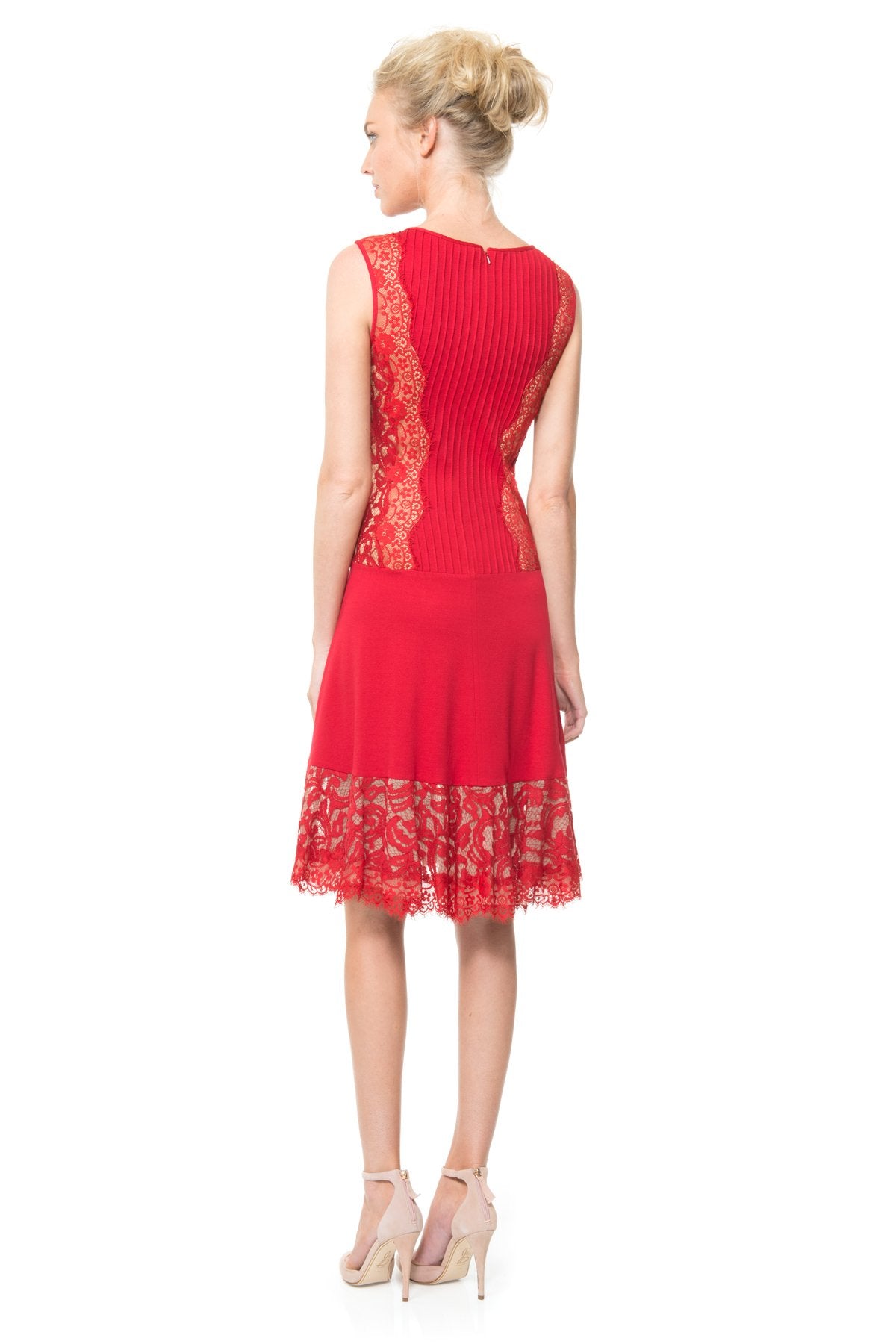 Pintuck Jersey Lace Panel Dress with Sheer Lace Detail in Deep Red / Nude