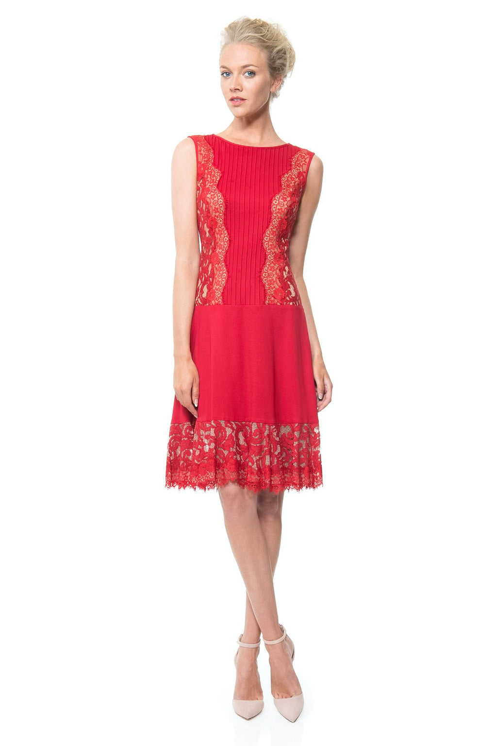 Pintuck Jersey Lace Panel Dress with Sheer Lace Detail in Deep Red / Nude