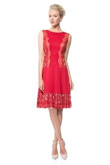 Pintuck Jersey Lace Panel Dress with Sheer Lace Detail in Deep Red / Nude