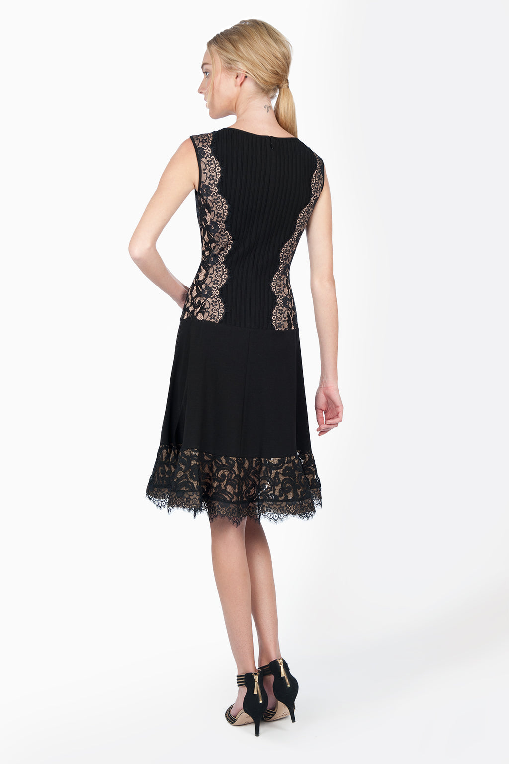 Pintuck Jersey Lace Panel Dress with Sheer Lace Detail in Black / Nude