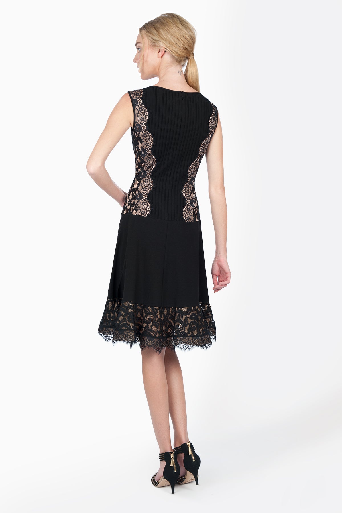 Pintuck Jersey Lace Panel Dress with Sheer Lace Detail in Black / Nude