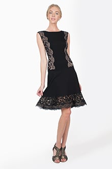 Pintuck Jersey Lace Panel Dress with Sheer Lace Detail in Black / Nude